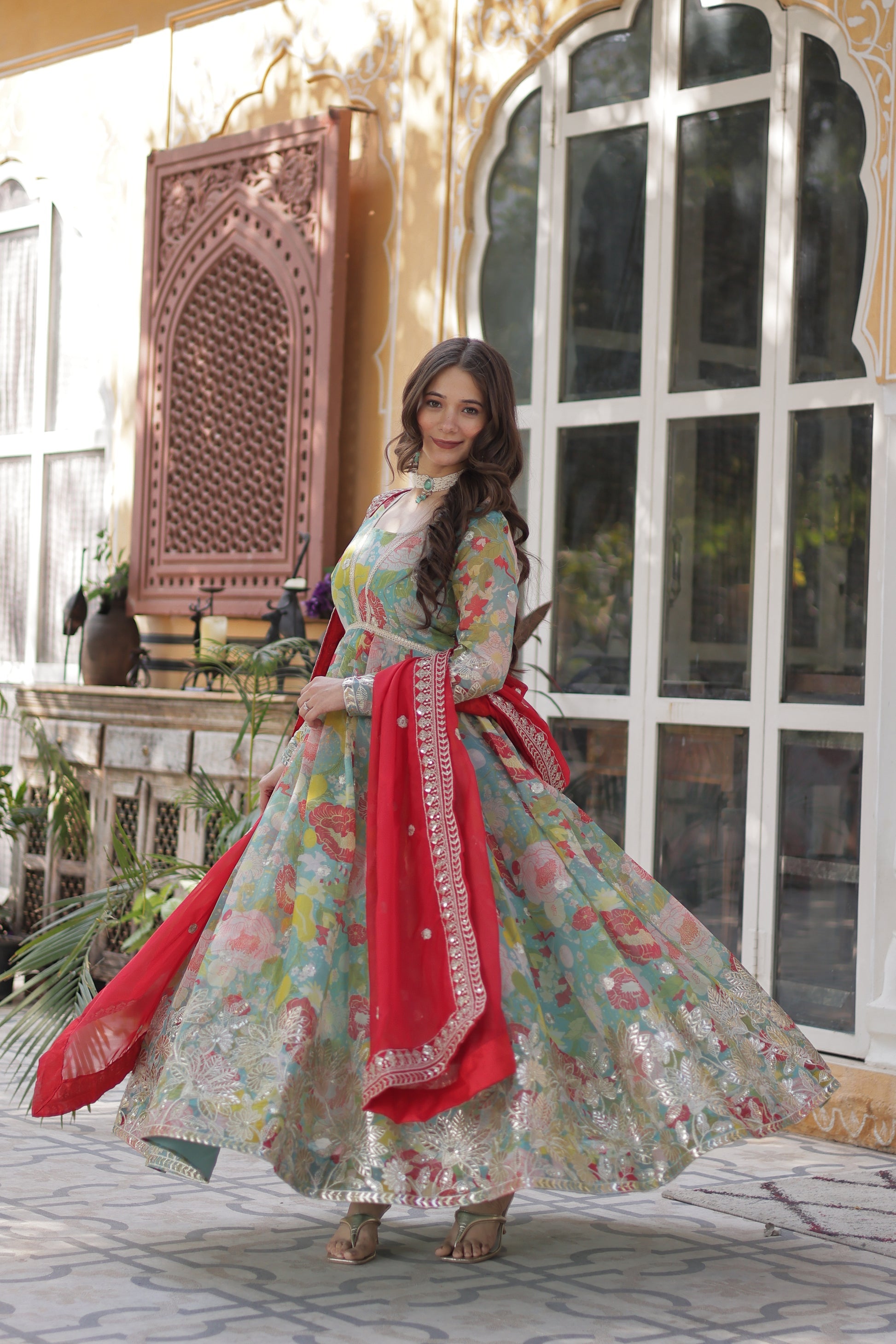 Green silk Anarkali gown set for women with dupatta, digital printed Russian silk gown with zari, sequins, and foil embroidery, full sleeve Alia cut gown, elegant festive outfit for weddings, Diwali, Karwa Chauth, and Eid, stitched ethnic party wear gown with lace border dupatta, designer traditional gown for women